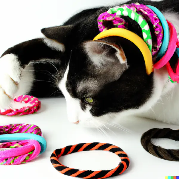 Why do cats like hair ties? This black and white cat is playing with hair ties.