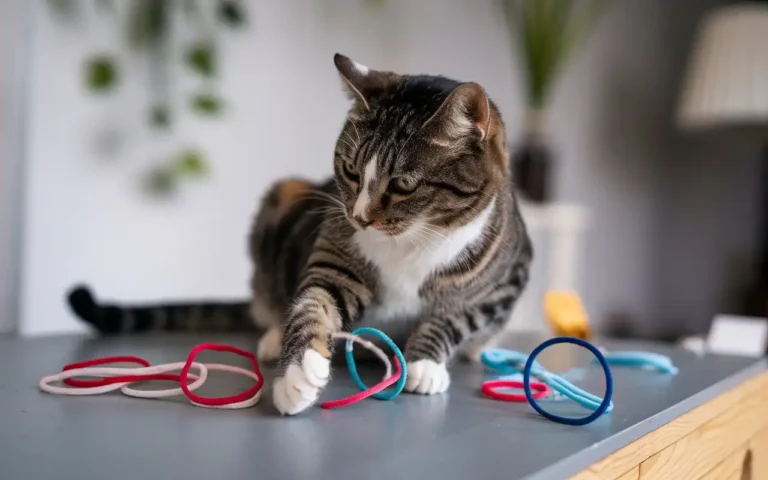 cat is playing with hair ties
