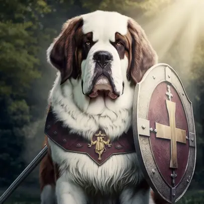 Are st bernards aggressive? A fierce-looking St. Bernard wears a red and gold armor suit and holds a large shield. Its eyes stare straight ahead with determination.