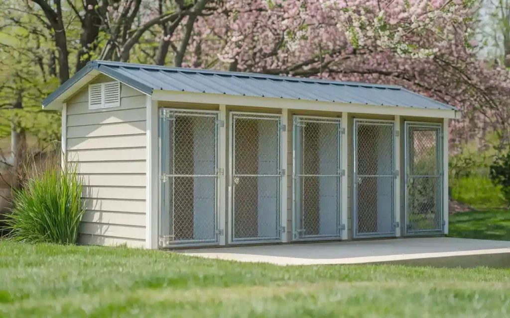 15 Clever Ways to Upgrade Your Dog Kennel With Verandah 10 White multi-unit dog kennel with five mesh doors under blooming cherry trees