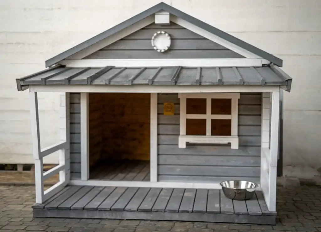 15 Clever Ways to Upgrade Your Dog Kennel With Verandah 7 Grey and white dog kennel with metal roof and front porch with food bowl