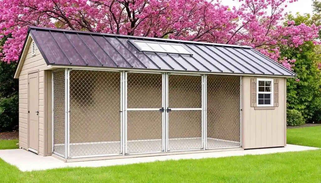 15 Clever Ways to Upgrade Your Dog Kennel With Verandah 13 Large dog kennel with chain-link panels and attached storage room