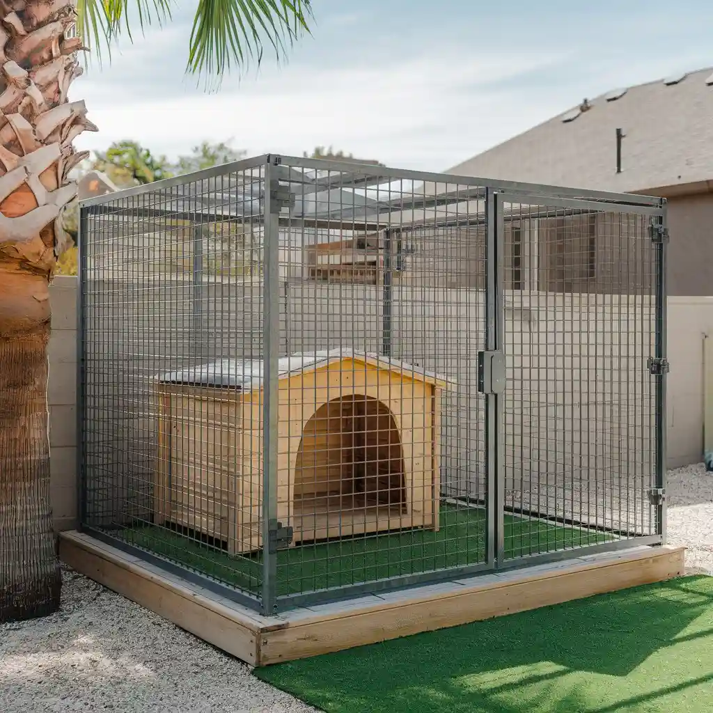 15 Clever Ways to Upgrade Your Dog Kennel With Verandah 2 Metal framed dog kennel with wire mesh walls and wooden doghouse inside