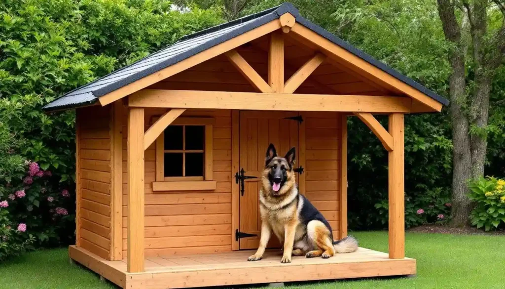 15 Clever Ways to Upgrade Your Dog Kennel With Verandah 12 Wooden dog kennel with timber frame porch and German Shepherd sitting in front