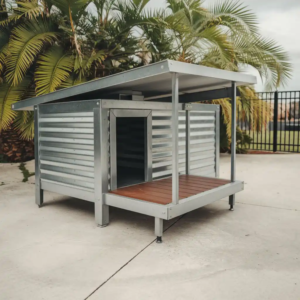 15 Clever Ways to Upgrade Your Dog Kennel With Verandah 11 Modern steel dog kennel with metal siding and wooden side deck