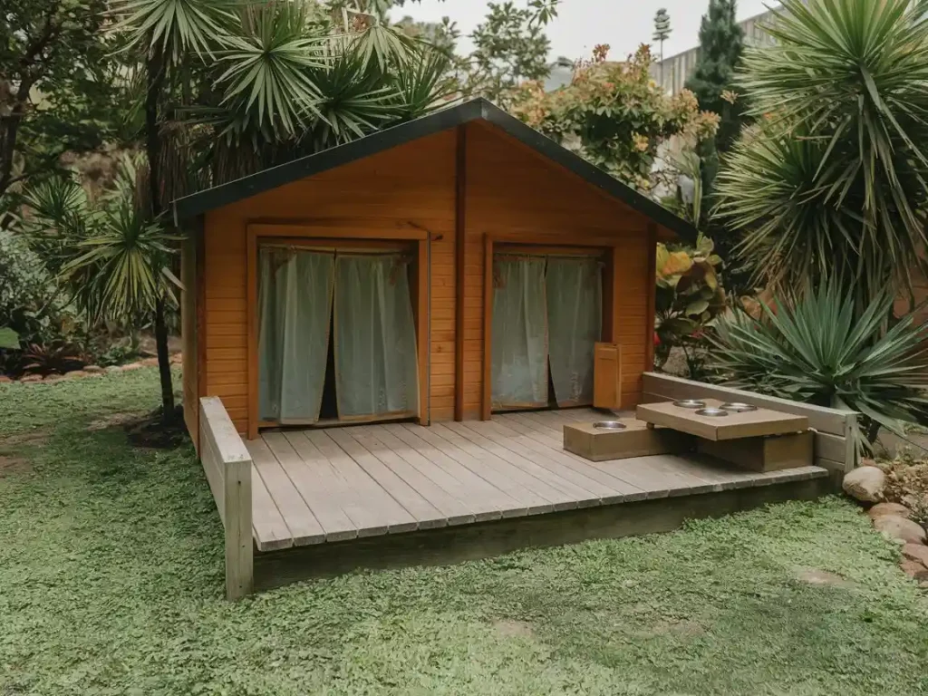 15 Clever Ways to Upgrade Your Dog Kennel With Verandah 4 Wooden dog kennel with raised deck and twin doors, surrounded by palm trees