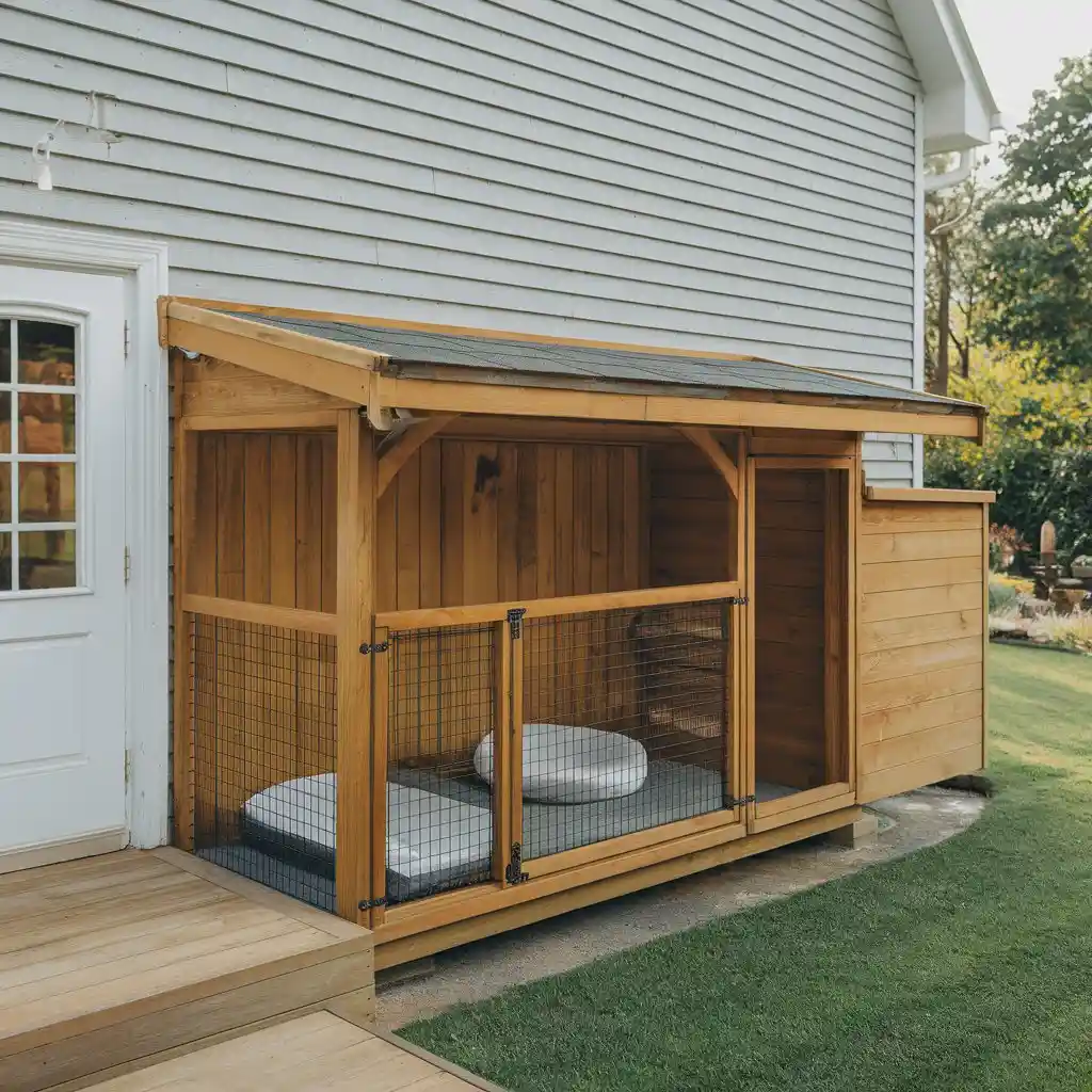 15 Clever Ways to Upgrade Your Dog Kennel With Verandah 6 Wooden dog kennel attached to house siding with wire mesh front and slanted roof