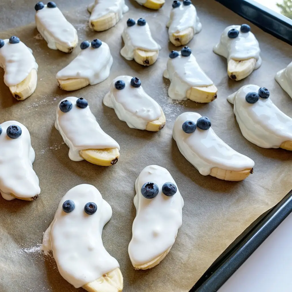 Homemade Banana Ghost Dog Treats 1 a photograph of a parchment lined