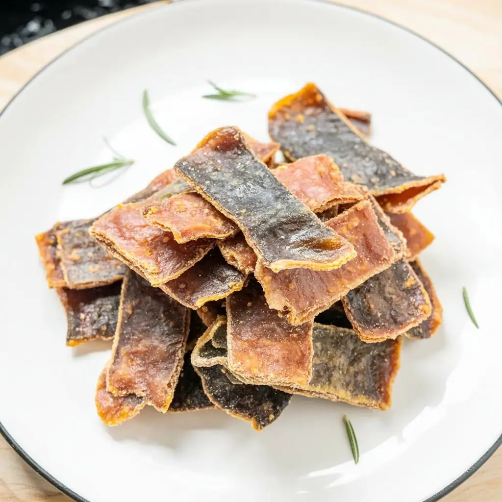 Crispy Salmon Skin Dog Treats 1 a photograph of a white ceramic plate pi Y0antjFVQjiisv7DkHzE4A k