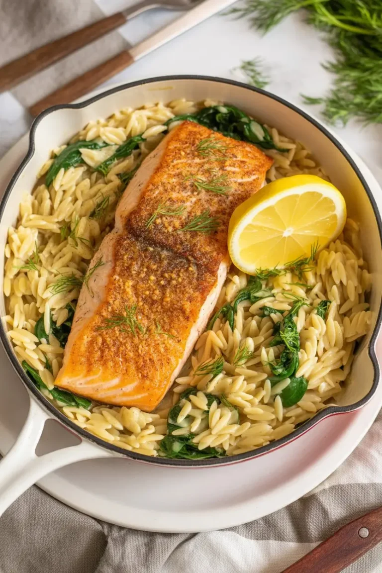 Easy One Skillet Salmon Lemon Orzo