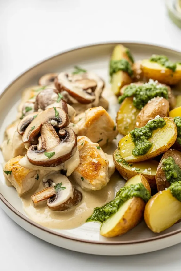 Creamy Garlic Mushroom Chicken Alfredo with Basil Pesto Potatoes