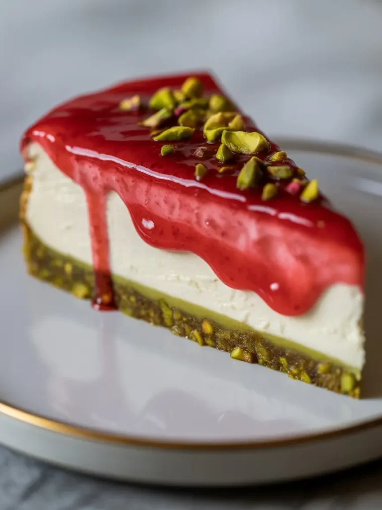 Elegant Pistachio Raspberry Crunch Cheesecake